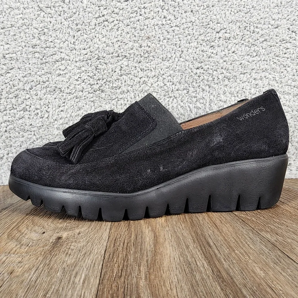 Wonders Women Black Suede Tassel Wedge Loafer Shoes Size‎ 38 EU US 7.5
